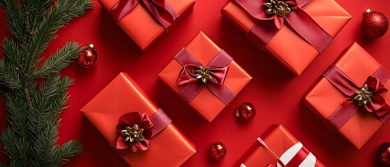 Festive red Christmas gift boxes with ribbons and ornaments.