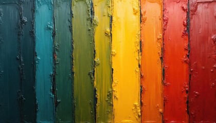 Abstract oil paint strokes create textured vertical stripes in rainbow of colors. Vibrant hues blend together, offering rich visual tapestry for creative projects. Artwork evokes sense of passion,