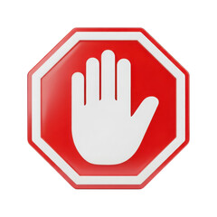 Obraz premium Red octagonal stop sign with a white open palm hand symbol isolated on transparent background