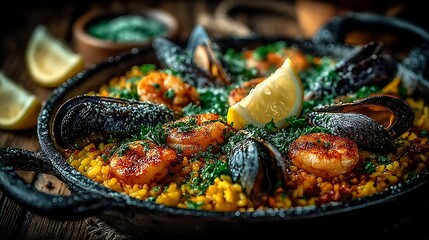 Traditional seafood paella with saffron rice high resolution picture