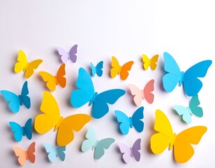 Colorful paper butterflies on white background