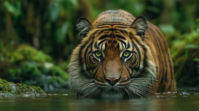 Sunda Tiger Sumatra Endangered. A majestic Sunda Tiger drinking from a jungle stream, its stripes camouflaging it in the dappled light of the Indonesian forest.