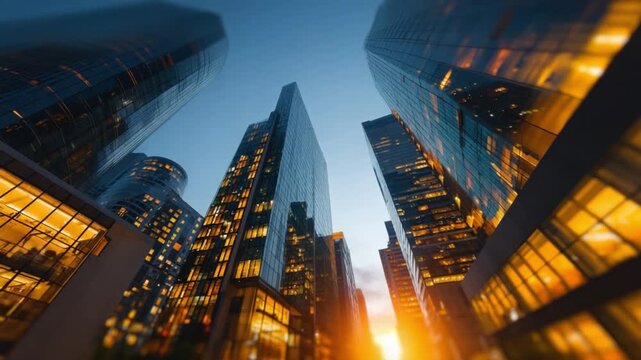 Urban Skyline: Capturing the modern cityscape, a cluster of imposing skyscrapers pierce the sky, their reflective glass facades mirroring the vibrant hues of the setting sun.