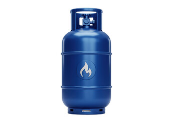 Blue propane gas cylinder isolated PNG, portable fuel container for camping and outdoor cooking on transparent background