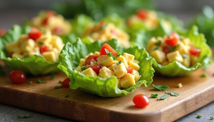 Fresh egg salad served in crisp lettuce cups with cherry tomatoes. Light and healthy meal perfect for lunch or snack. Delicious and easy appetizer idea.