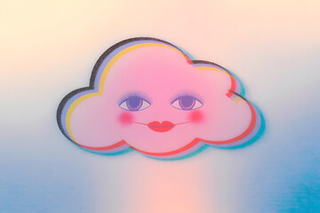 Surreal Pink Cloud Character with Big Eyes – Dreamy Pop Art Face Illustration
