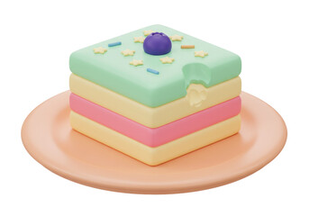 Colorful square cake with blueberry isolated on peach plate PNG, sweet dessert with pastel layers and star sprinkles