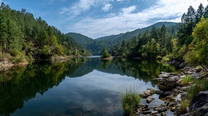 Serene lake reflecting tall trees and mountains under a clear sky in a peaceful outdoor setting during daylight hours