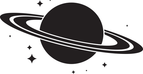 black silhouette of a ringed planet with stars
