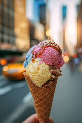 Delicious colorful ice cream cone with city backdrop capturing sweet urban indulgence