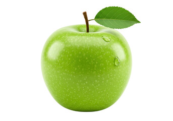 Fresh green Granny Smith apple isolated on transparent background, healthy fruit with water droplets for food and nutrition concepts