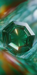 Geometric emerald crystal with radiant green and yellow light reflections
