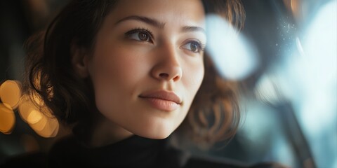 Fototapeta premium Young caucasian female with soft expression and curly hair in reflective moment