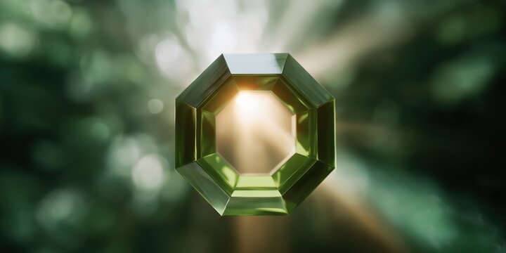 Geometric green octagon with sunlight in nature setting