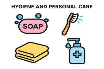 Hygiene and personal care icons soap toothbrush towel and hand sanitizer