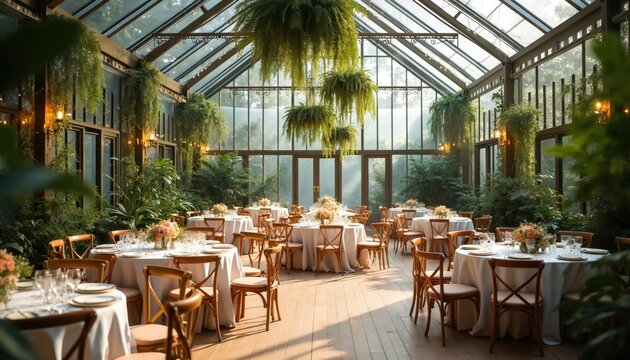 Elegant greenhouse venue set for celebration. Round tables with white cloths and chairs await guests in rich hanging plants and natural light. Venue ready for wedding reception party or banquet.