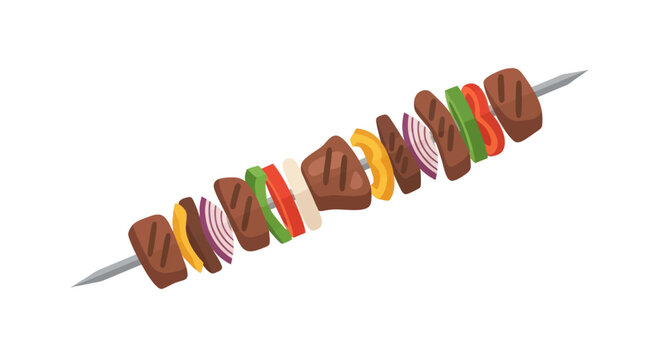 A single grilled shish kebab skewer with chunks of meat bell peppers and onion.