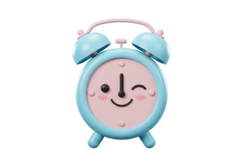 Cute cartoon alarm clock PNG isolated on transparent background, pastel colors clock with smiling face for kids design