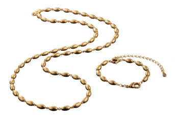 Elegant gold toned necklace and bracelet jewelry set isolated on transparent background