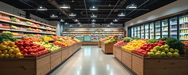 Modern grocery store interior with abundant fresh produce displayed on wooden stands. Shelves stocked with goods and refrigerated drink coolers line the walls. Bright, clean environment.