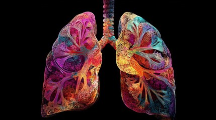 Naklejka premium Colorful representation of human lungs showcasing intricate details of respiratory structure and function in a visually stunning format