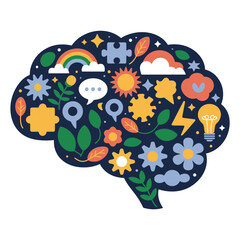 Stylized human brain illustration with abstract neural connections