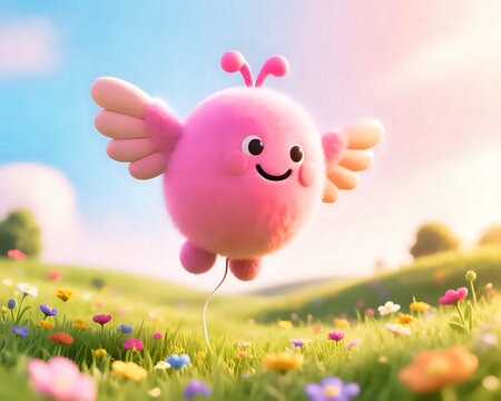 Adorable 3D illustration of a pink fluffy winged character floating in a colorful meadow, representing happiness, fantasy, and children’s storytelling.