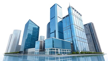 Fototapeta premium Modern cityscape with reflective skyscrapers and water reflection