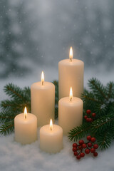 White candles with pine branches and red berries in snowy winter scene, vertical photo