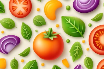 Vibrant Tomato Basil Onion Pattern Illustrative Design
