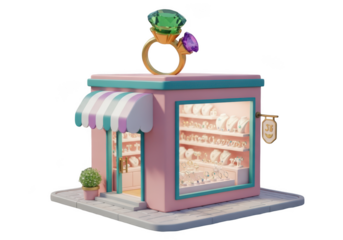 Charming pink jewelry store with large gem ring display isolated on transparent background