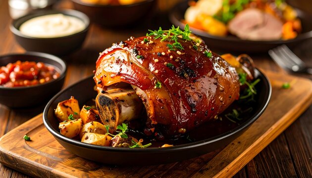 Roasted pork knuckle presented on a black plate, with roasted potatoes and other side dishes