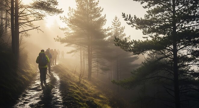 Hikers Foggy Forest Trail. - Powered by Adobe