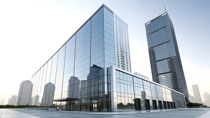 Modern glass office building reflecting urban cityscape