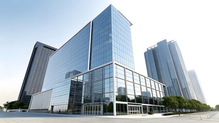 Fototapeta premium Modern glass office buildings reflecting urban sky and cityscape