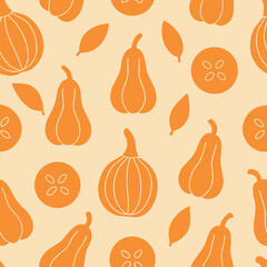 Seamless Autumn Pattern with Stylized Gourds and Leaves for Seasonal Design