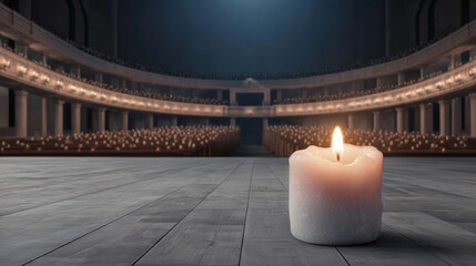 A single candle flickers in a vast empty hall, its warm glow echoing against endless stone walls, shadows stretching into silence, creating a scene of solitude, mystery, and quiet reverence.