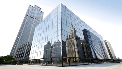 Obraz premium Modern glass skyscraper reflecting cityscape against bright sky