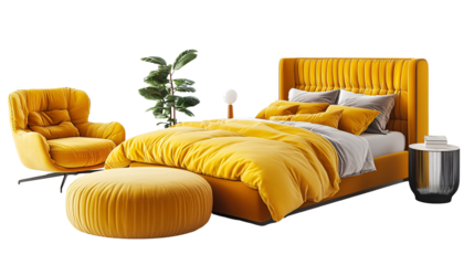 Yellow Bed Interior isolated on transparent background, set of bedroom furniture in contemporary style