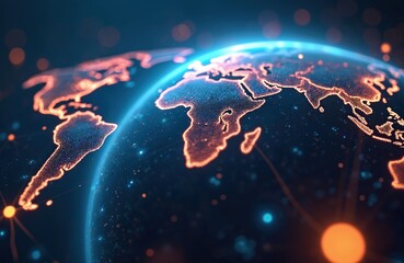 Digital globe with glowing continents shows global connection and data flow. Worldwide network illustration represents digital communication and technology for business. Planet earth in cyberspace.