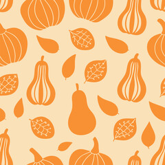 Seamless Autumn Pattern with Stylized Gourds and Leaves for Seasonal Design