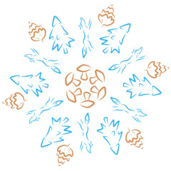 Nordic Christmas Seamless Pattern: Winter Forest Foxes, Fir Trees, Mushrooms and Pine Cones in a Geometric Snowflake Motif on Transparent Background