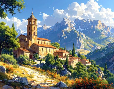 Alpine village church under a vibrant sky