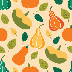 Seamless Autumn Pattern with Stylized Gourds and Leaves for Seasonal Design