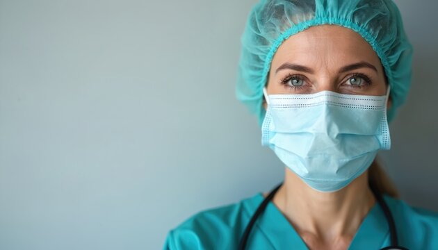 Female doctor wearing surgical mask and cap, medical scrubs, stethoscope around neck. Focused, professional, ready to care for patient. Healthcare, medicine, and hospital theme. White background.