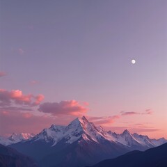 Majestic snow capped mountains under soft pastel sky at dusk. Full moon hangs in pale violet twilight, pink clouds drift by. Serene natural landscape at sunset.