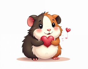 Obraz premium Cute cartoon guinea pig holds glittery heart. Small rodent with brown, white fur offers sparkling red heart. Tiny pink hearts float near head. Adorable creature isolated on clean white backdrop.
