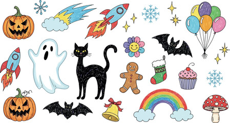 Vector art of halloween and fantasy themed collection with pumpkins, bats, ghost, cat, rockets, and balloons