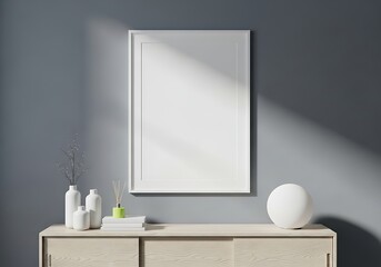 A modern rectangular mirror with a thin frame hangs above a light wood vanity with bathroom accessories and a decorative lamp isolated on white background
