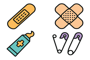 Set of four cartoon medical first aid supplies on a white background